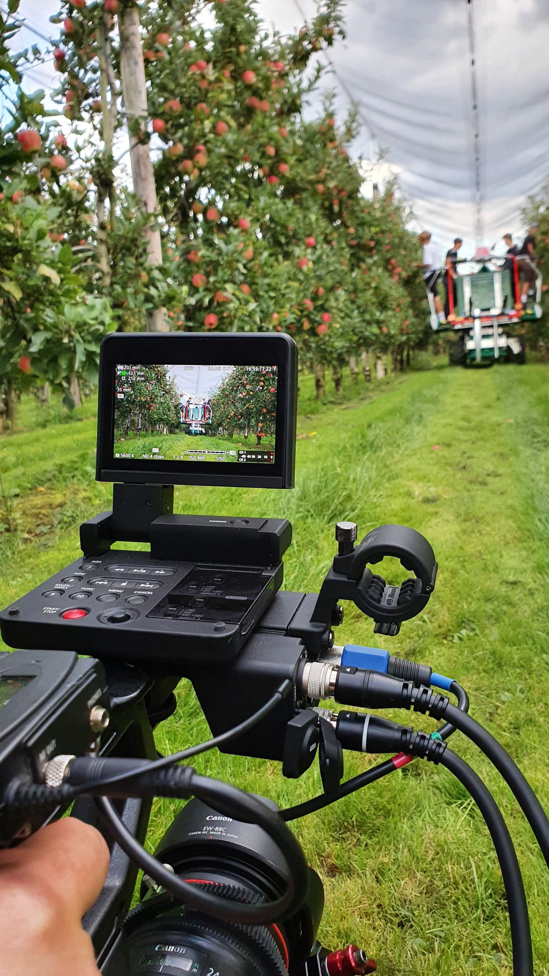 Im Vordergrund ist eine Kamera zu sehen. Im Hintergrund ein Apfelernter. 